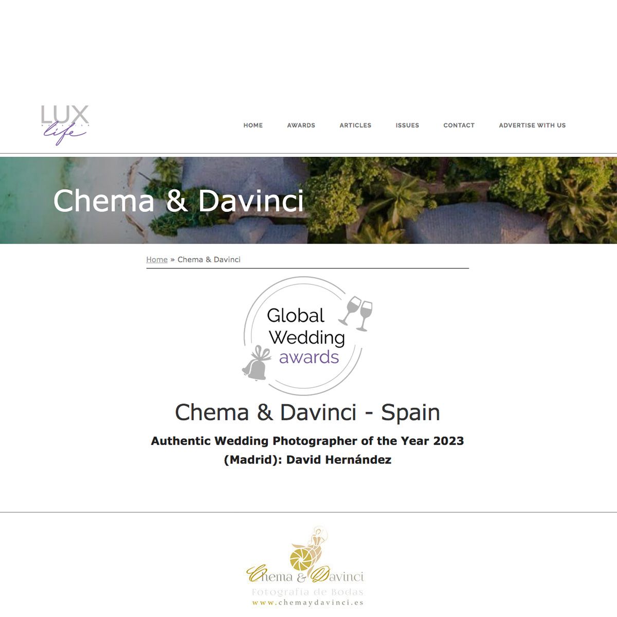 Imagen Chema & Davinci premiado como Authentic Wedding Photographer of the Year 2023 (Madrid ) en los 2023 Global Wedding Awards